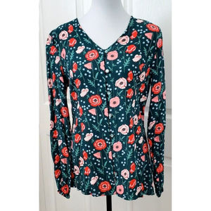 Matilda Jane Women Green Pink Floral Button Front Long Sleeve Peasant  Top M EUC